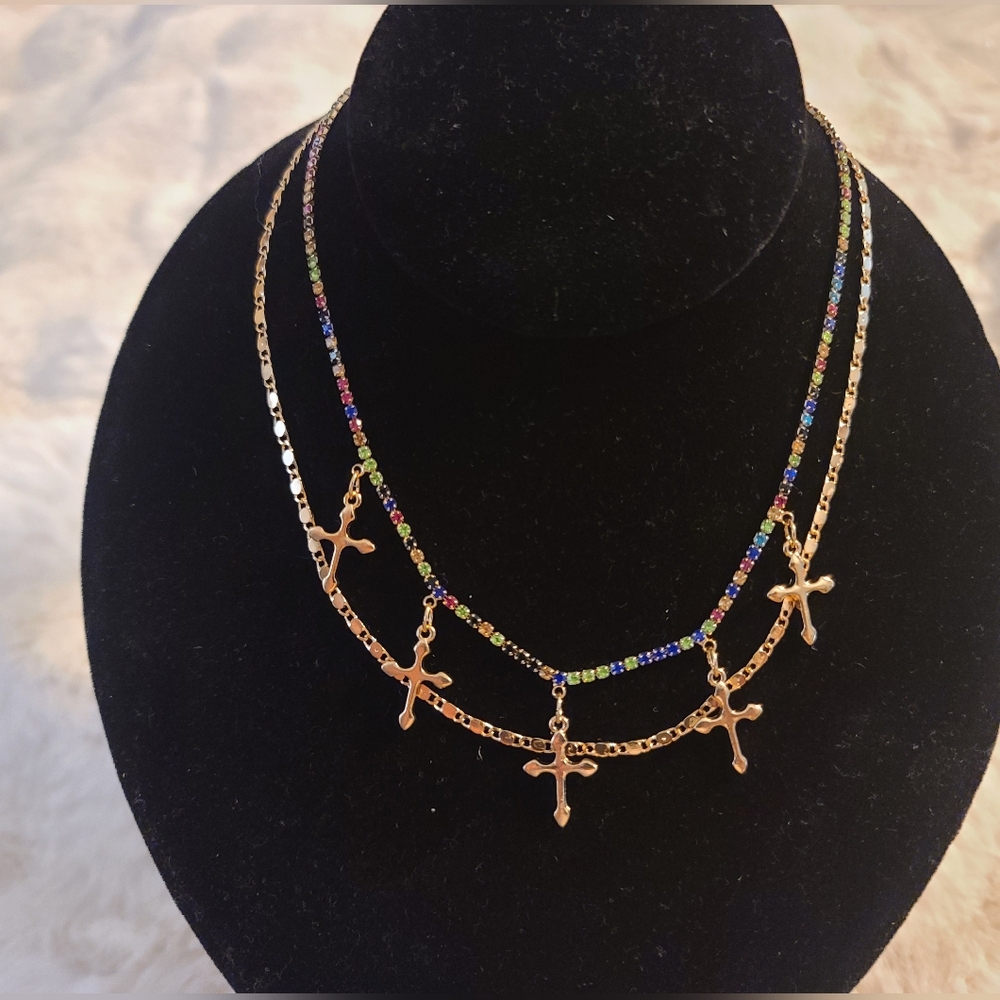 Gold Cross Layered Necklace with Multicolor Stones